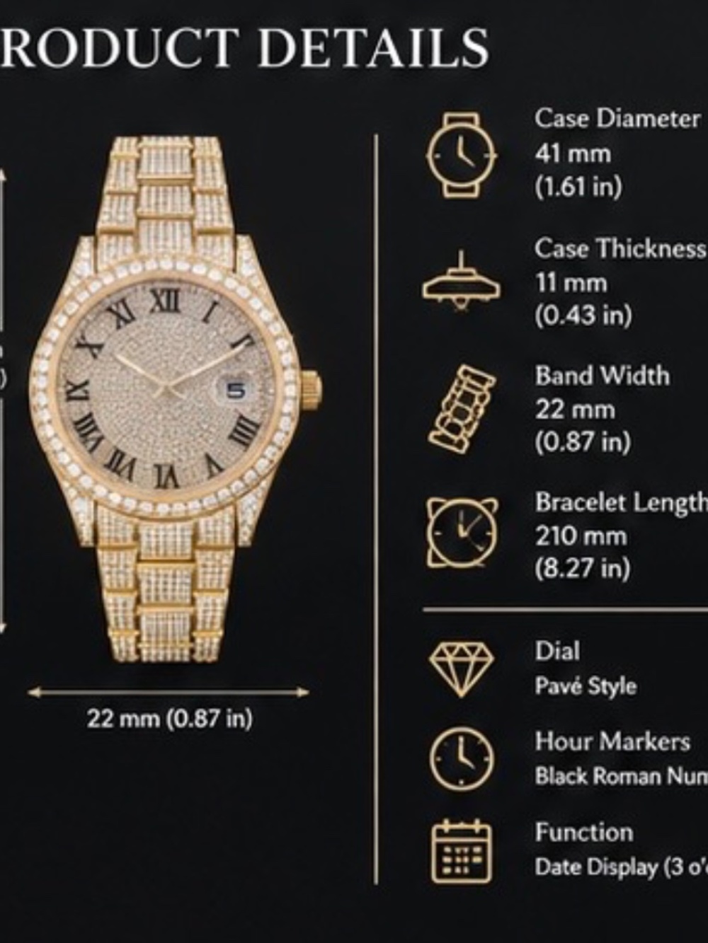Luxury Moissanite Diamond Gold Watch – Fully Iced Pavé Dial & Bracelet | Numeral - Picture 9 of 9